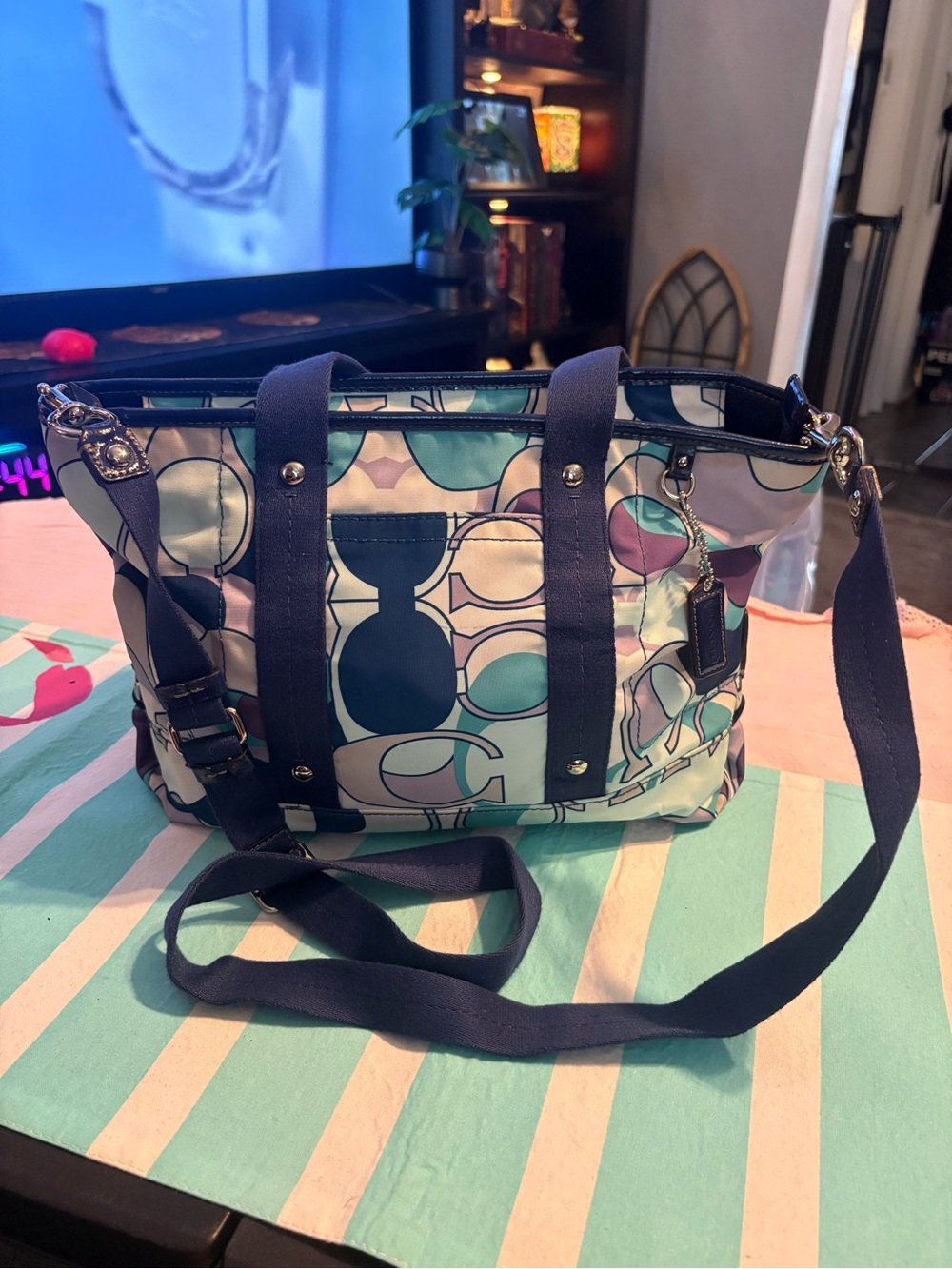 Coach Kyra Signature Scarf Print Nylon Tote in Hibiscus pattern
